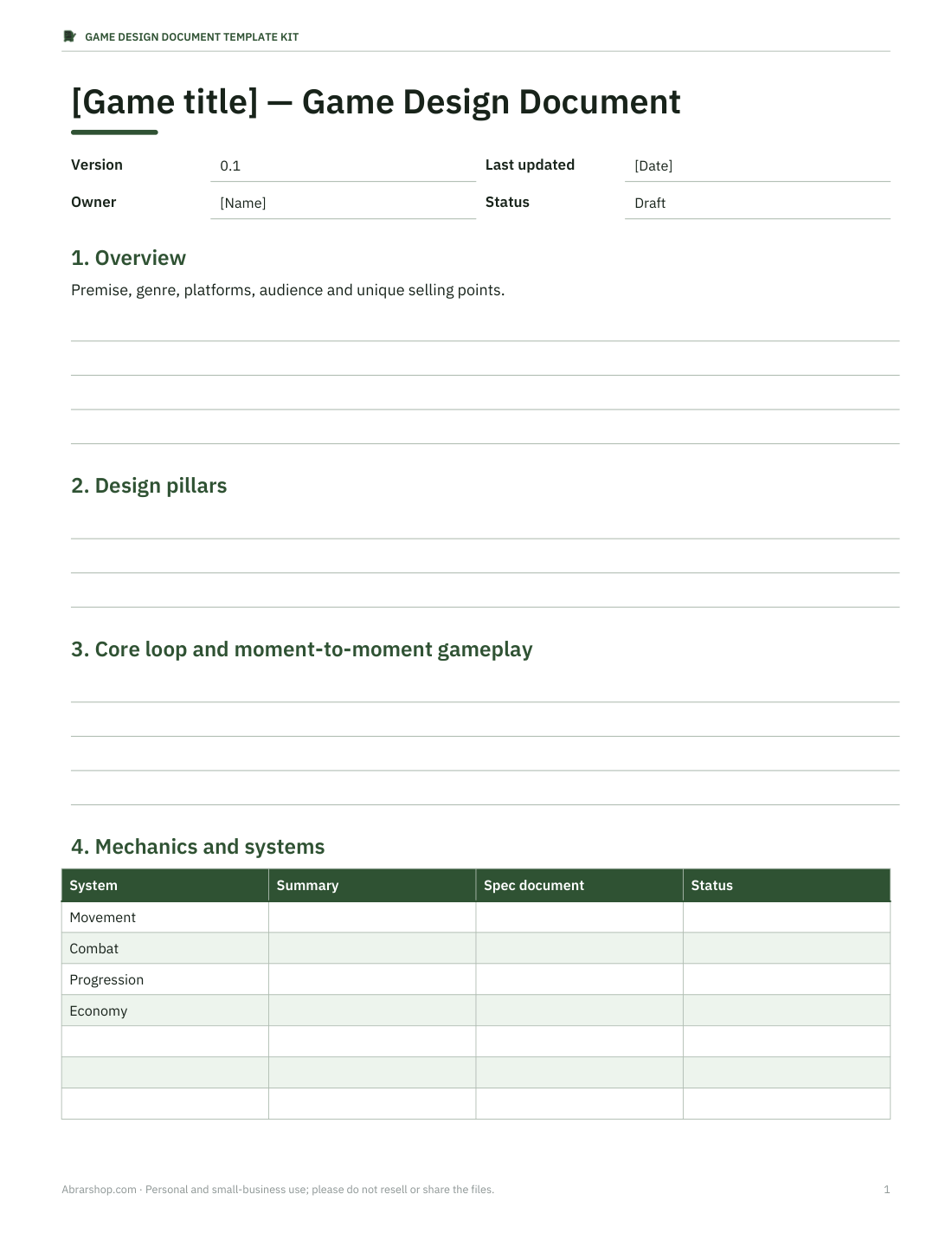 Preview of the first page of Full game design document