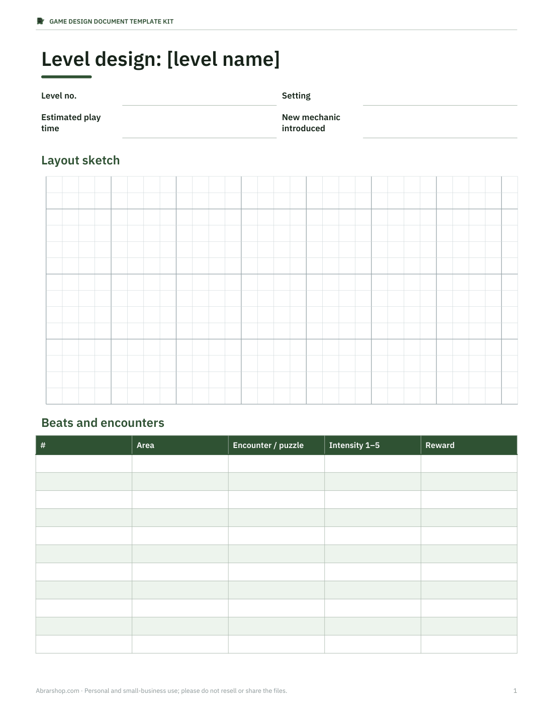 Preview of the first page of Level design document